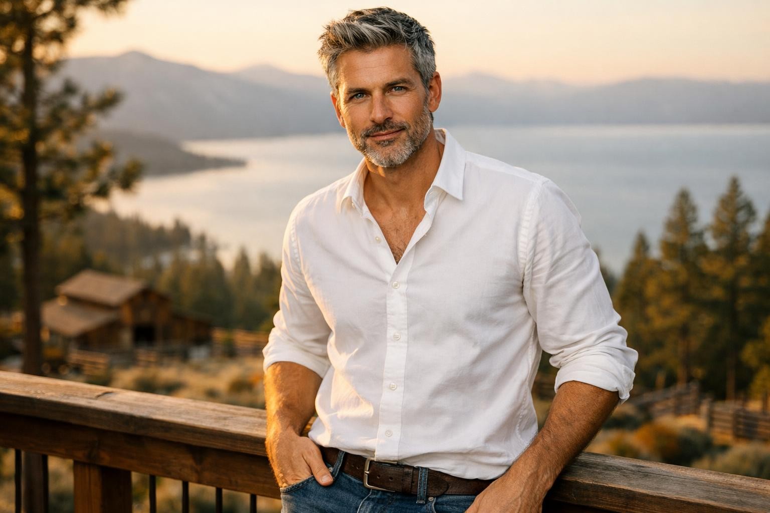 Handsome private jet company owner with salt-and-pepper hair standing on his ranch near Lake Tahoe at golden hour