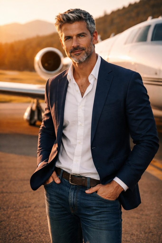 Handsome man in a white shirt and blazer standing beside a private jet on a runway