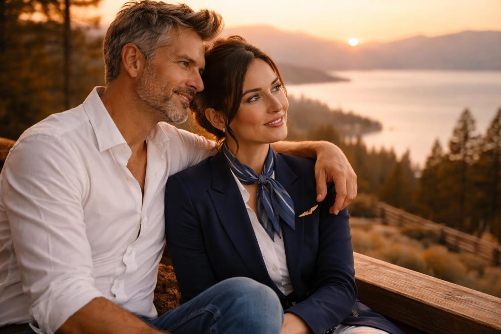 Couple watching the sunset over Lake Tahoe from a ranch deck