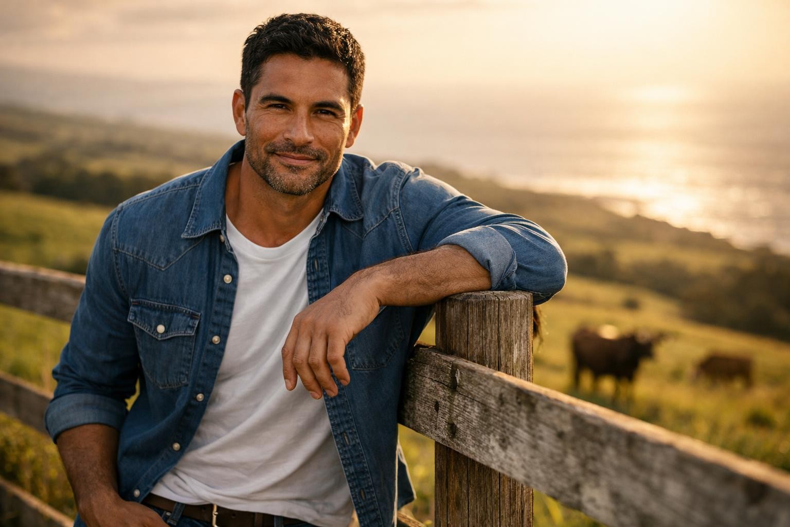Handsome Hawaiian rancher with dark hair and a short beard standing by a ranch fence on Maui at golden hour