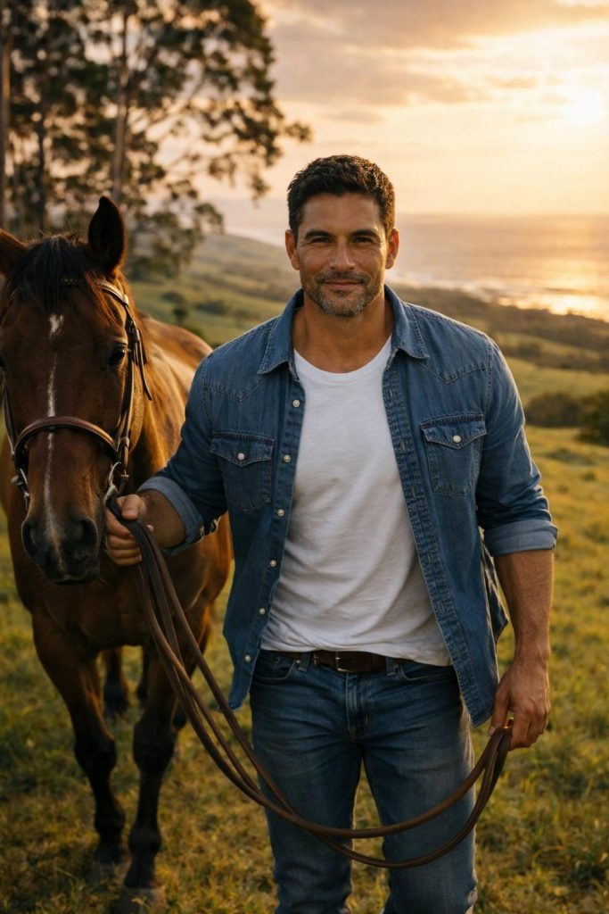Handsome rancher in a white t-shirt and open denim shirt walking with a horse on a green Maui hillside