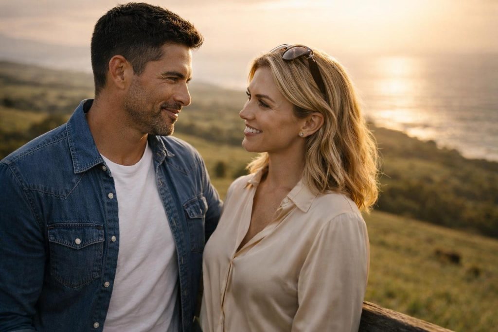 Real estate agent and rancher talking on a ranch overlook above the ocean