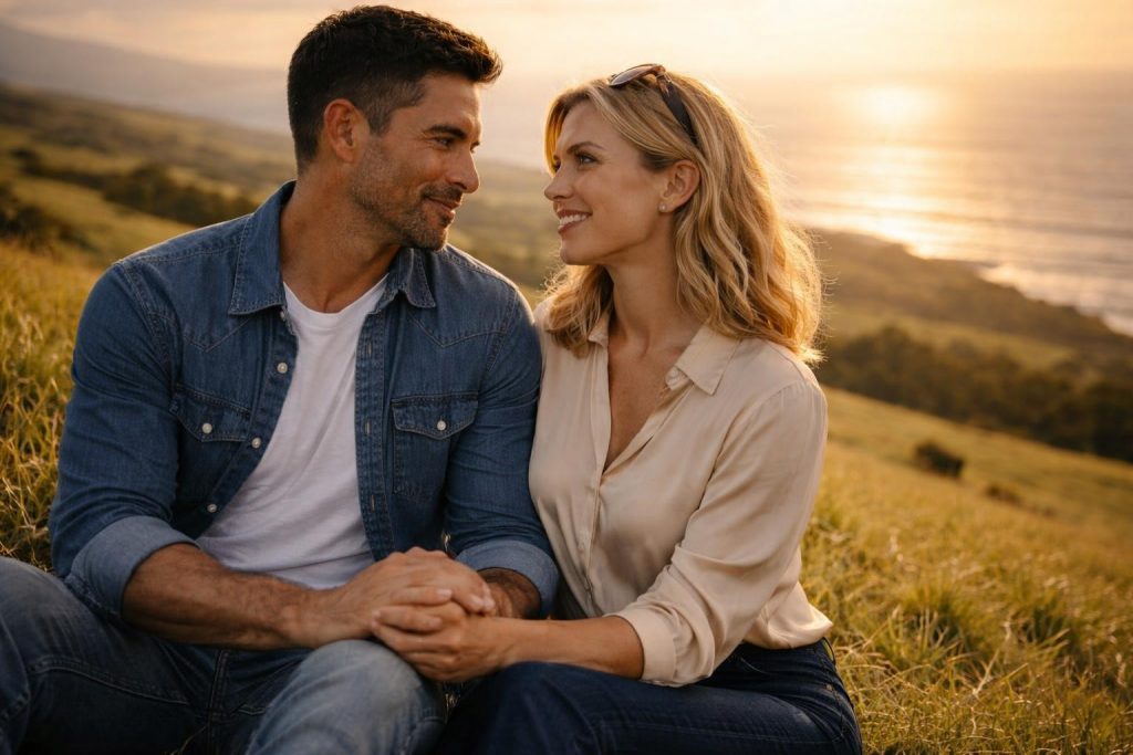 Couple sitting together on a hillside above the Pacific Ocean at sunset