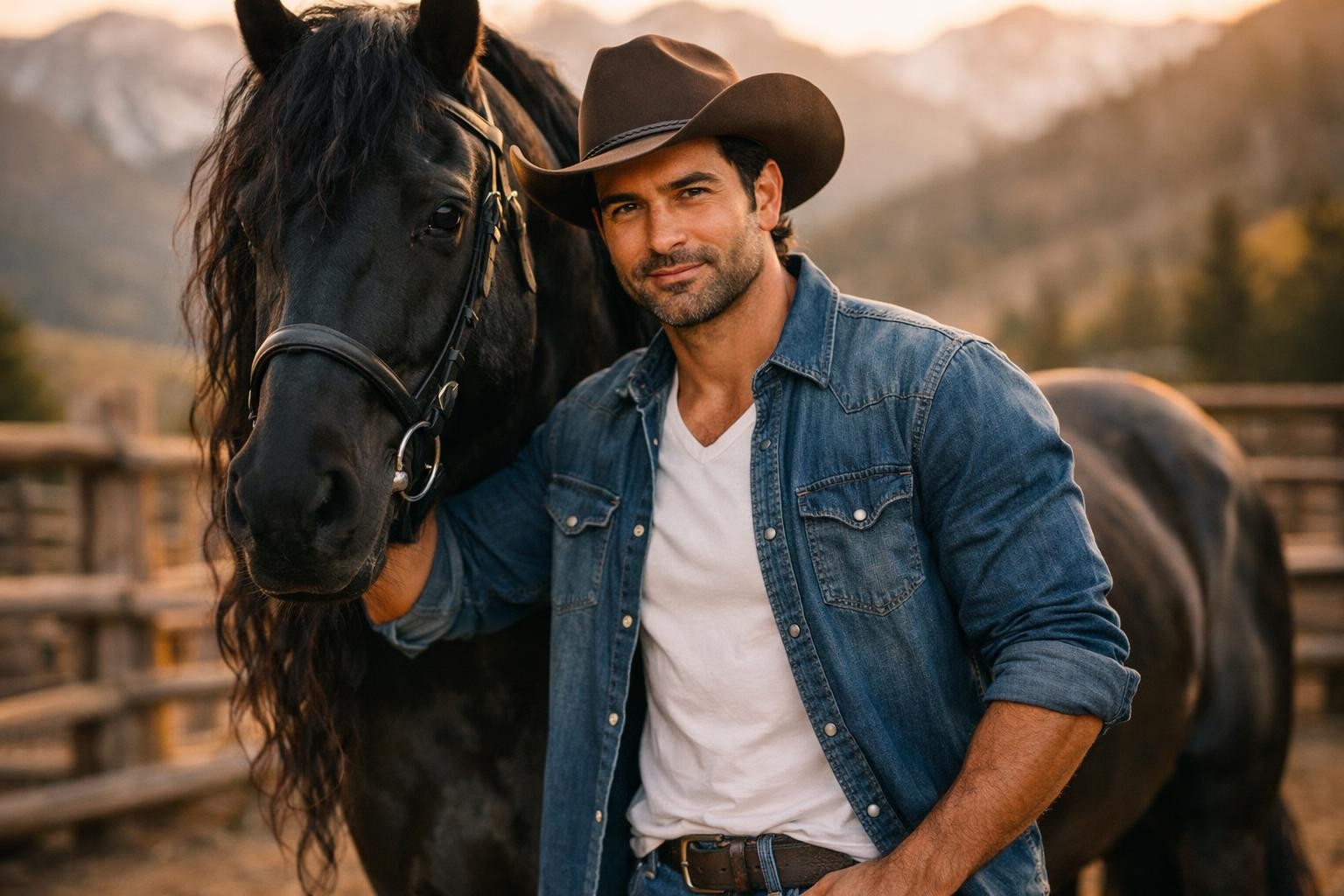 Handsome Latino horse trainer with dark hair and stubble standing beside a black horse in a Utah mountain corral at golden hour