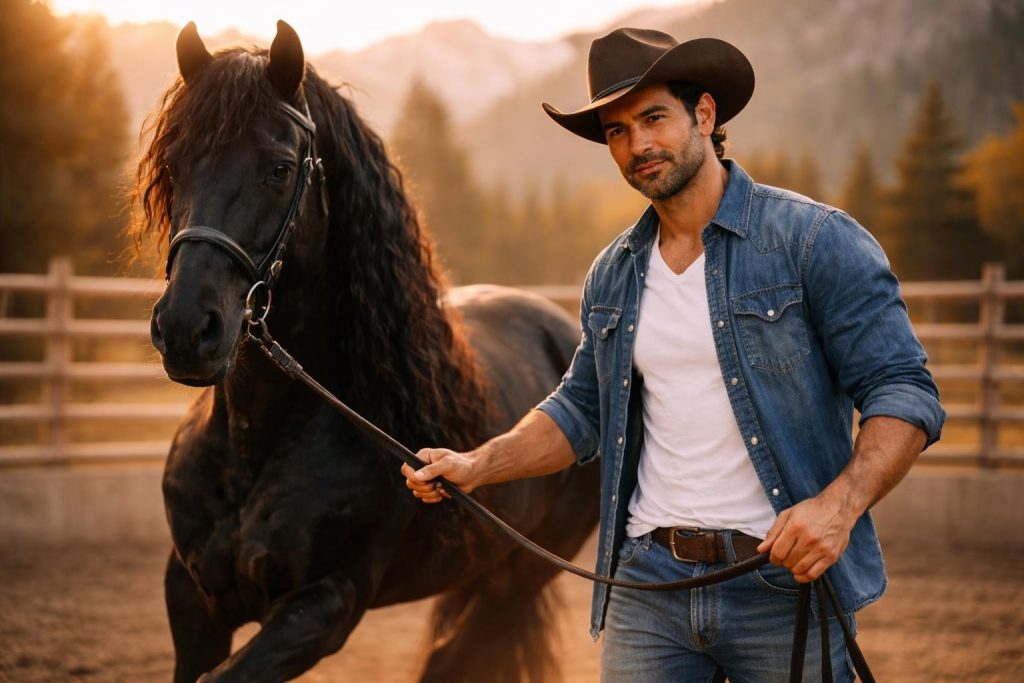 Handsome horse trainer in a cowboy hat working a horse in a round pen