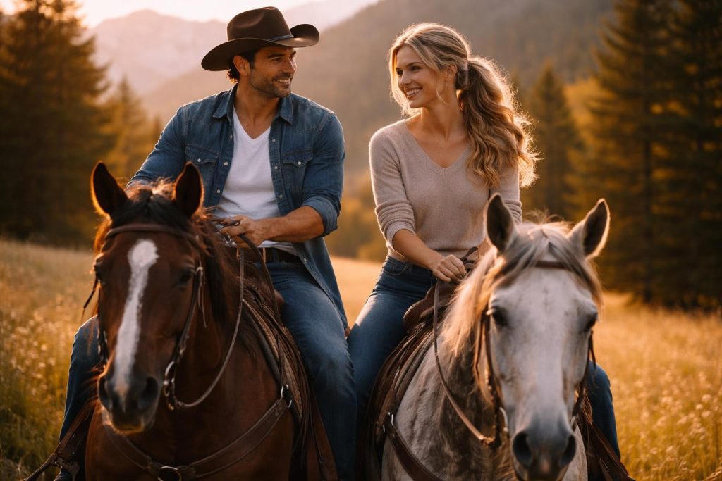 Couple riding horses side by side through a mountain meadow in Utah at sunset