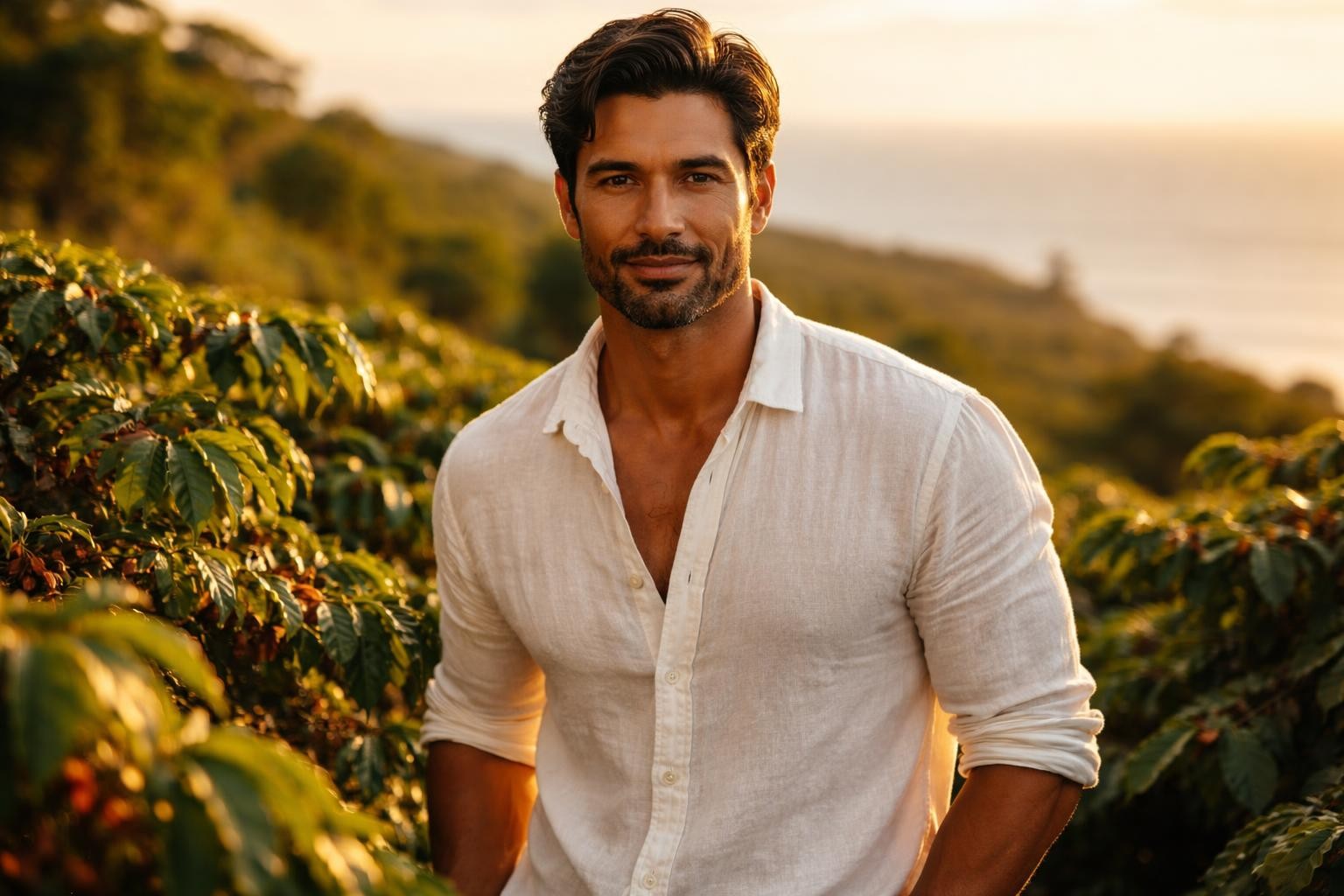 Handsome Hawaiian coffee farmer with dark hair and a short beard standing among coffee trees on a Big Island hillside at golden hour