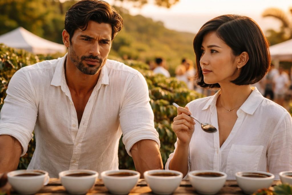 Coffee farmer and a coffee buyer face to face at a cupping table at a coffee competition