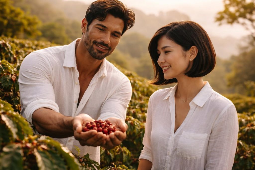 Coffee farmer showing ripe red coffee cherries to the buyer on a misty hillside