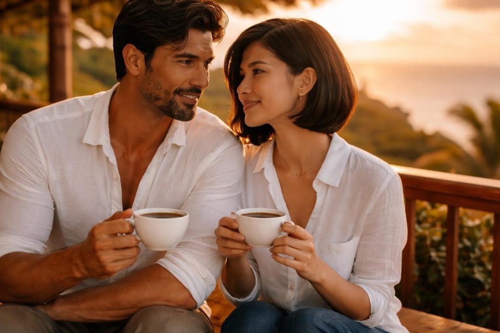 Couple drinking coffee together on a lanai overlooking the ocean at sunset