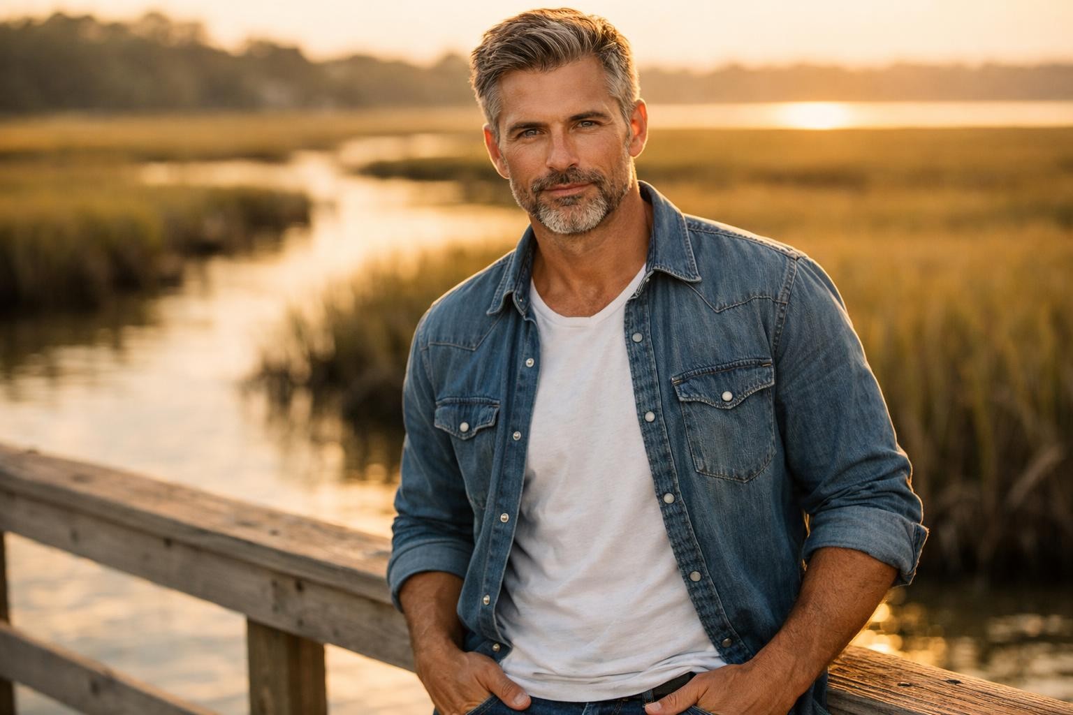 Handsome oyster farmer with salt-and-pepper hair and a short beard standing on a dock in a South Carolina marsh at golden hour