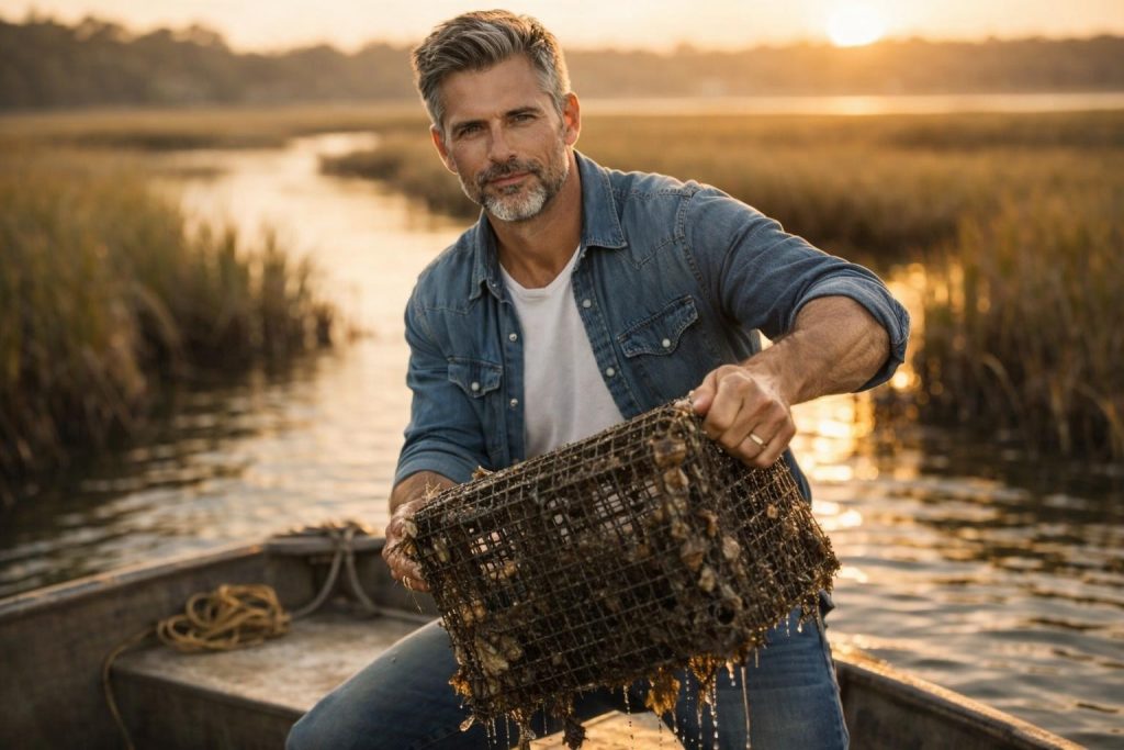 Handsome man in a white t-shirt and open denim shirt pulling up oyster cages from a tidal creek
