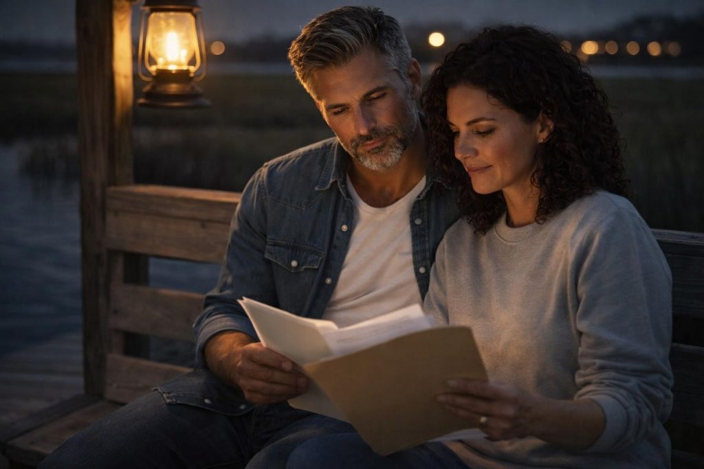 Marine biologist and oyster farmer talking on a wooden dock at night under a lantern