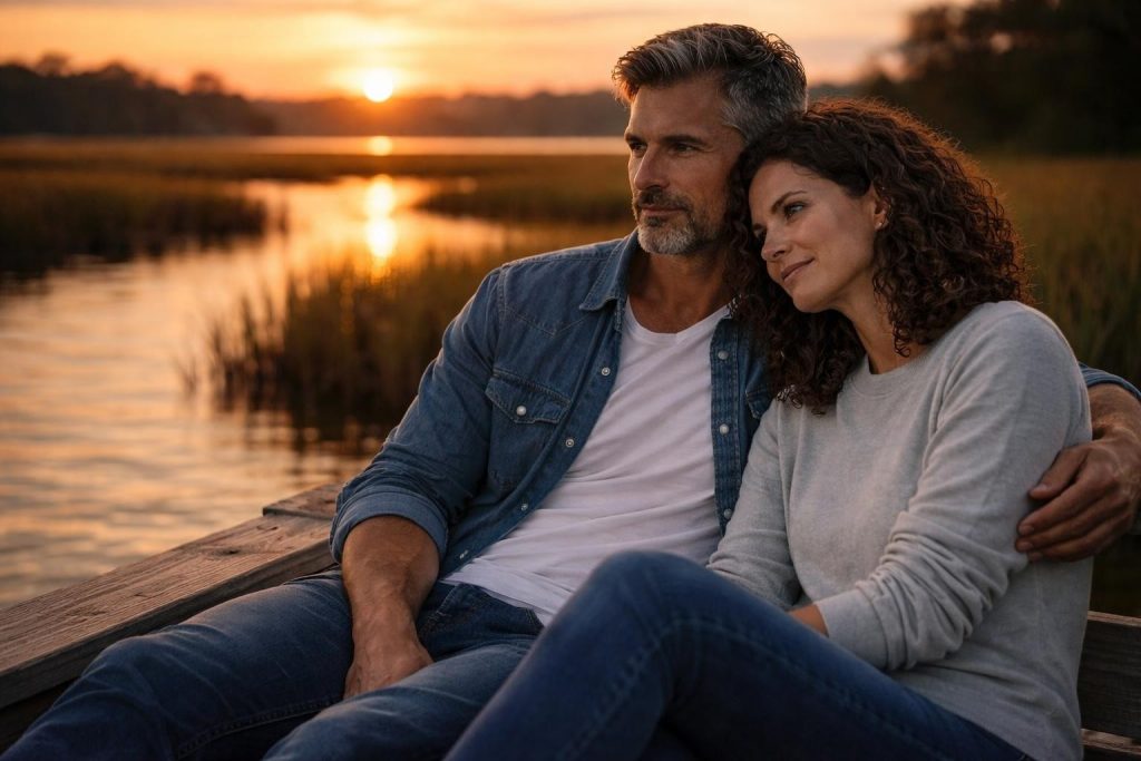Couple sitting on a dock in the Lowcountry marsh at sunset with a small boat nearby