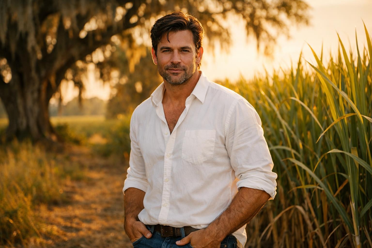 Handsome Cajun sugarcane farmer with dark hair and stubble standing in a Louisiana cane field at golden hour