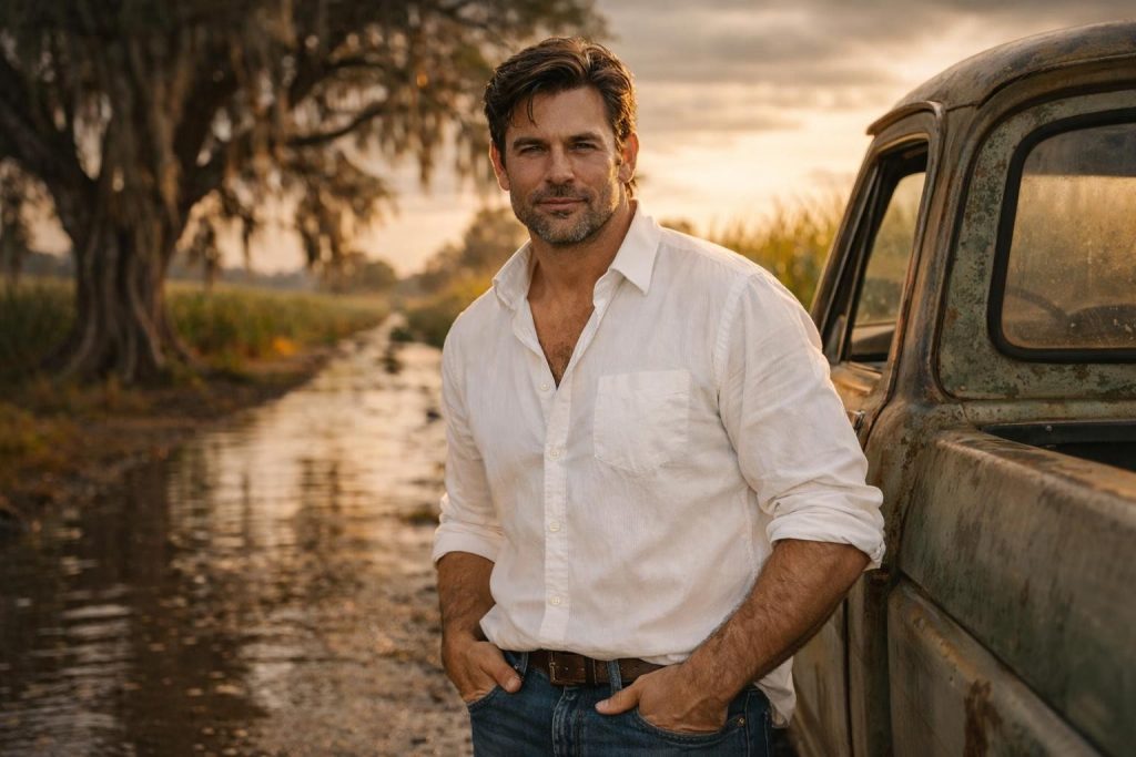 Handsome farmer in a white shirt standing on a flooded farm road beside a pickup truck