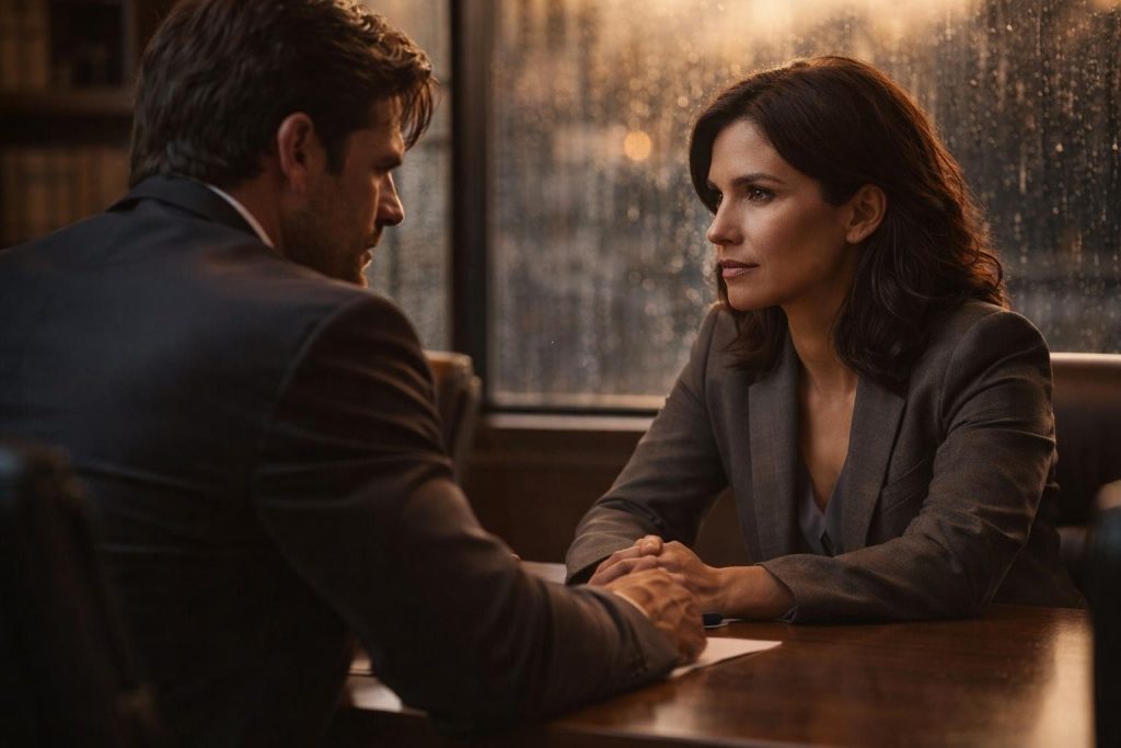 Attorney and farmer facing each other across a table in a mediation room
