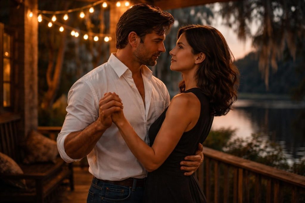 Couple dancing on a wooden porch under string lights by a Louisiana bayou at dusk
