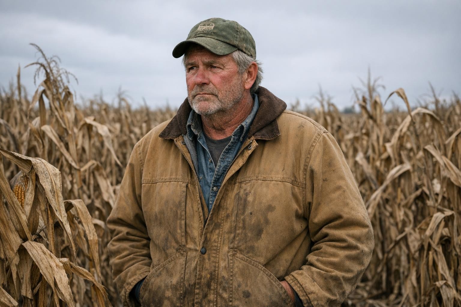Worried farmer standing in a dry Iowa cornfield under a gray sky