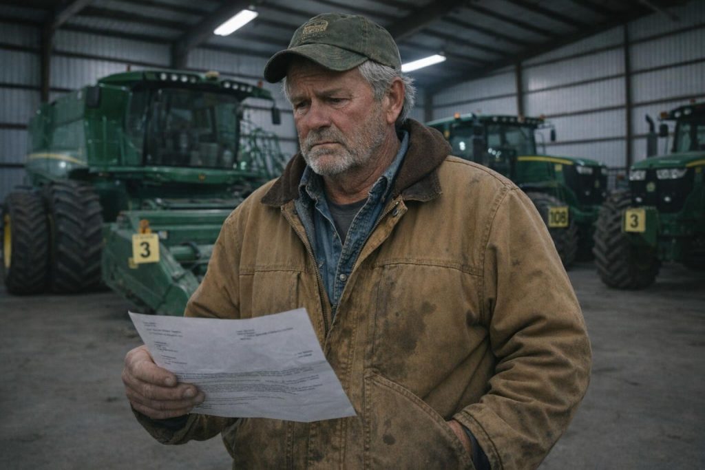 Farmer holding a bank letter in a machine shed full of tagged auction equipment