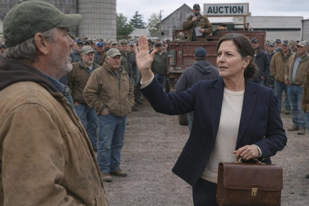 Attorney in a navy blazer stopping a farm auction while the farmer watches in surprise