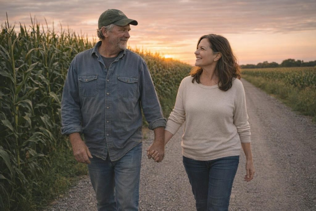 Couple walking hand in hand beside a green Iowa cornfield at sunset