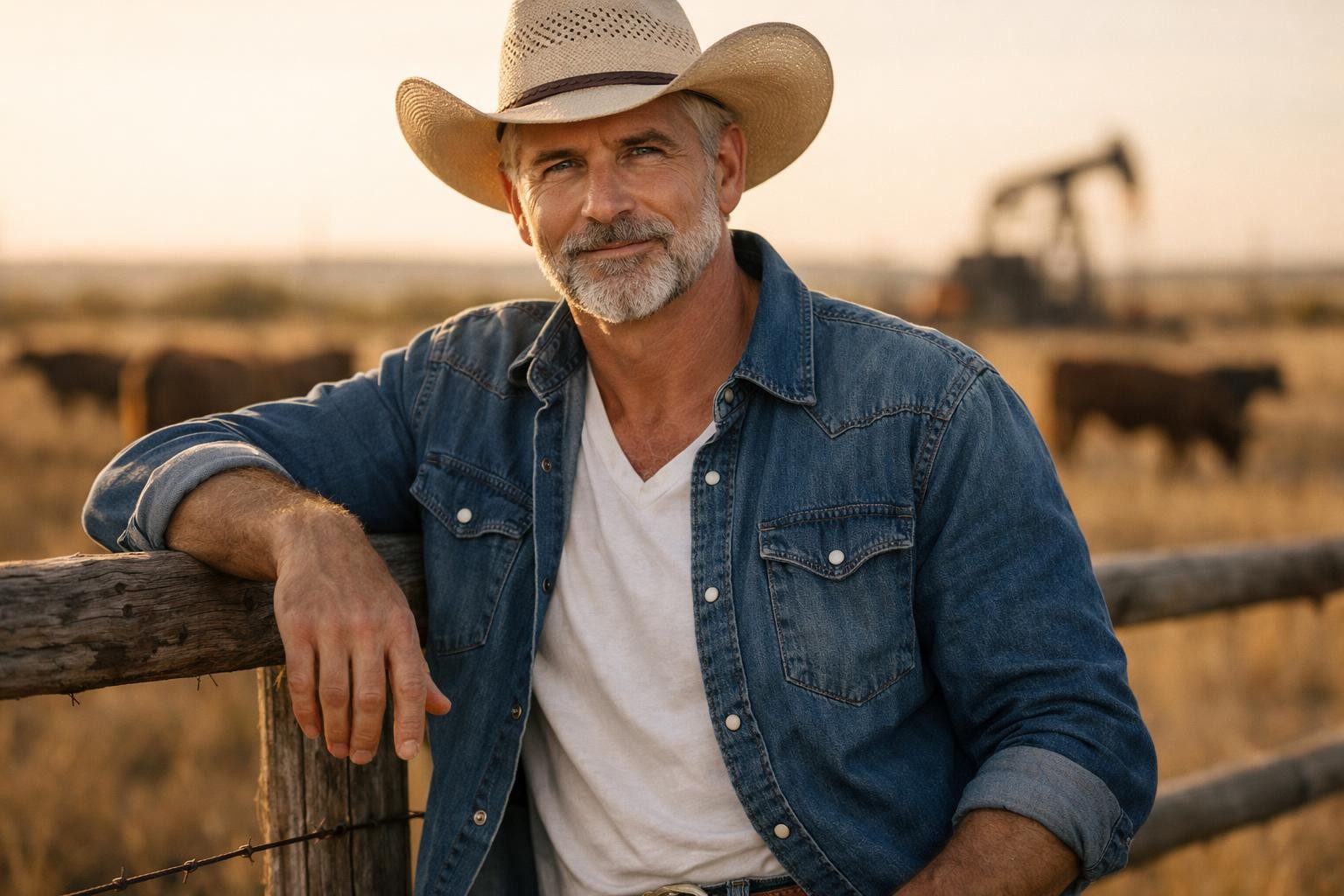 Handsome rancher in a cowboy hat with a gray beard on a West Texas ranch at sunset