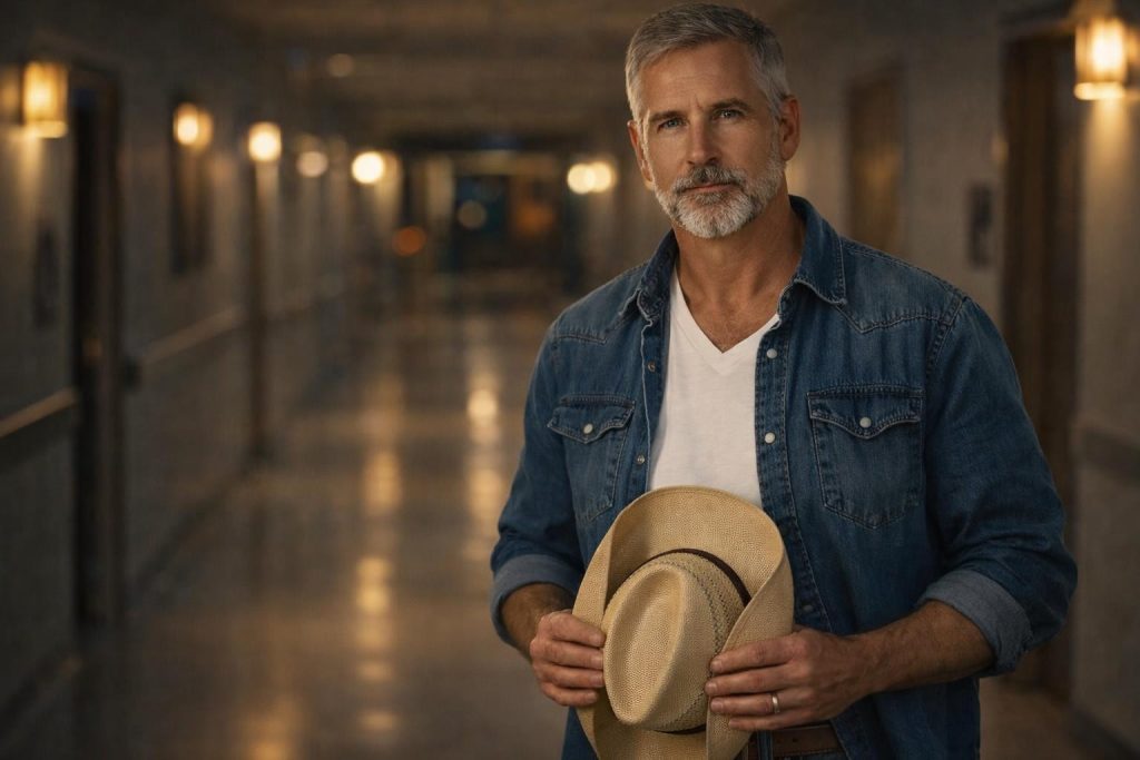 Handsome rancher in a denim shirt standing in a hospital hallway