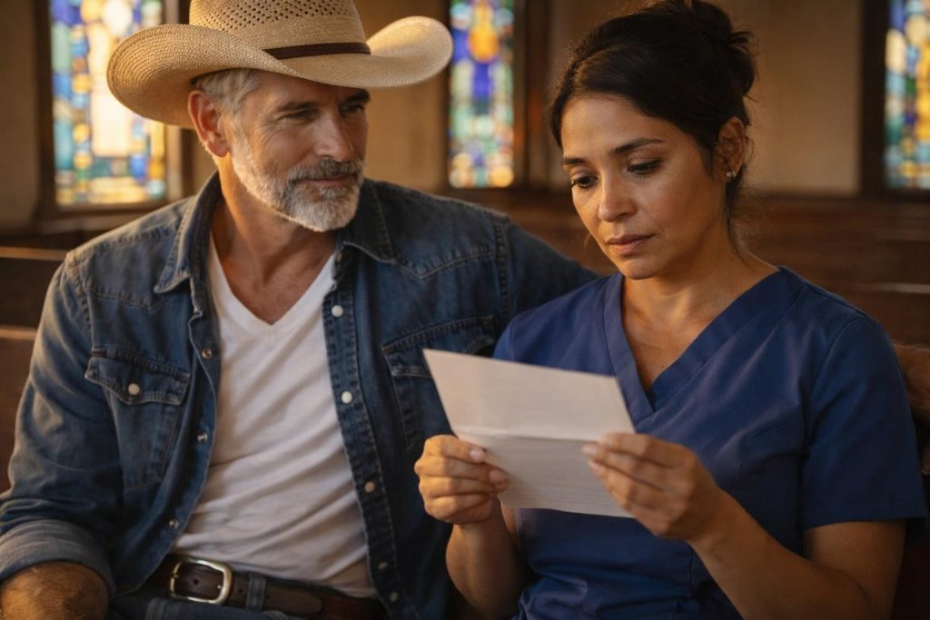 Rancher talking with a nurse in scrubs in a quiet hospital chapel