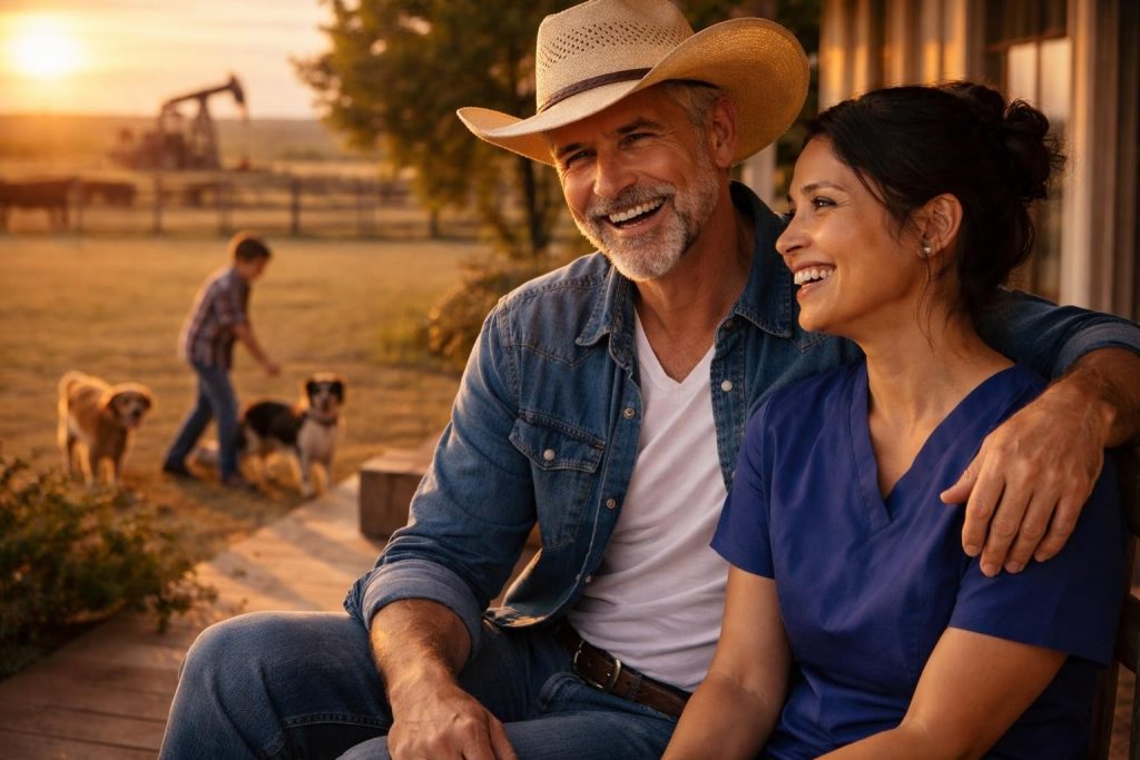 Couple laughing together on a ranch porch at sunset with a boy playing nearby