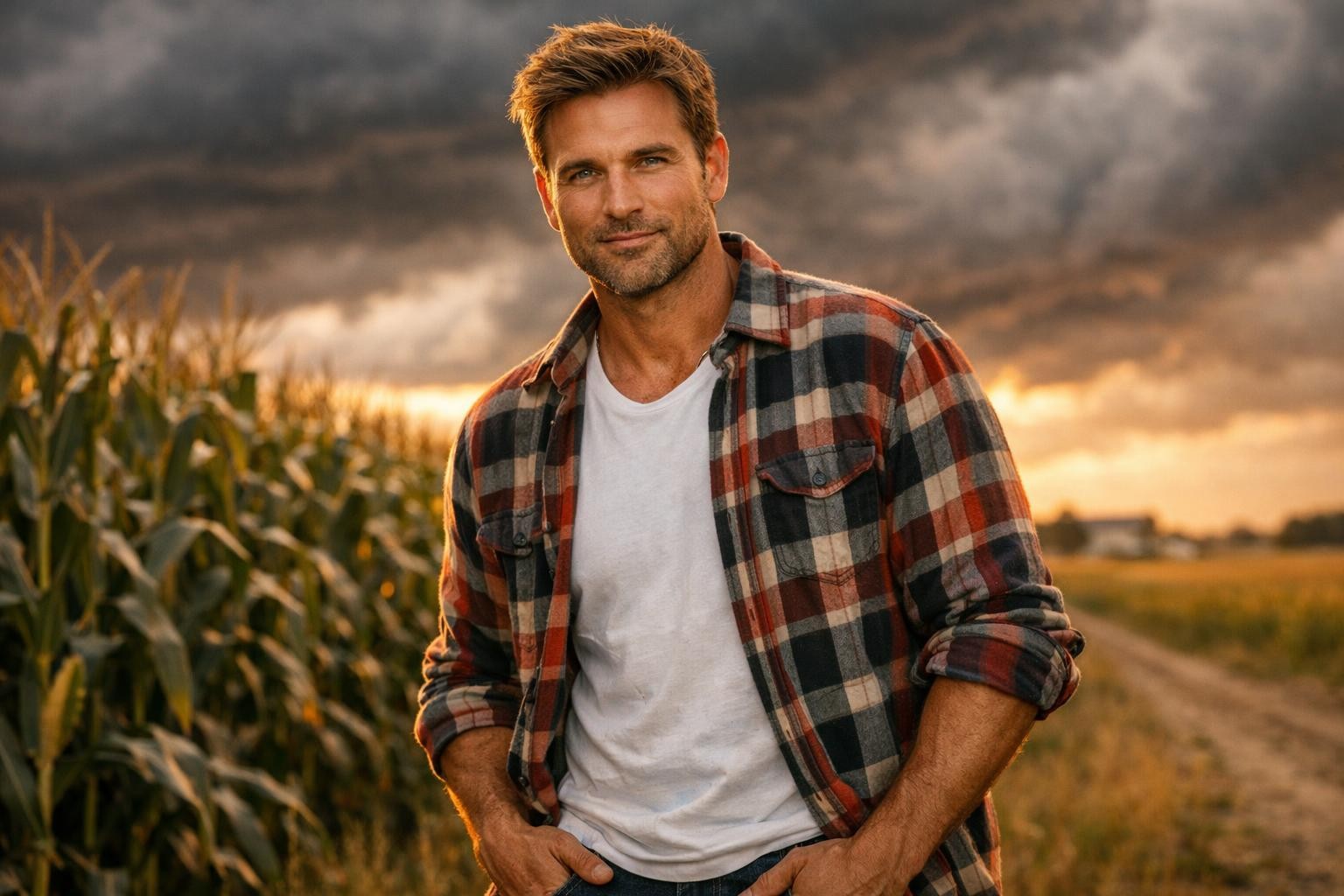 Handsome Nebraska farmer with dark blond hair and stubble standing in a cornfield under dramatic storm clouds at golden hour