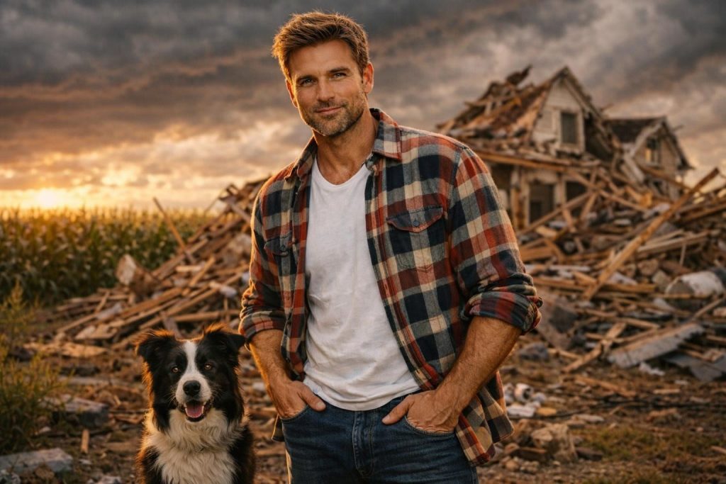 Handsome farmer in a flannel shirt over a white t-shirt standing in front of a destroyed farmhouse