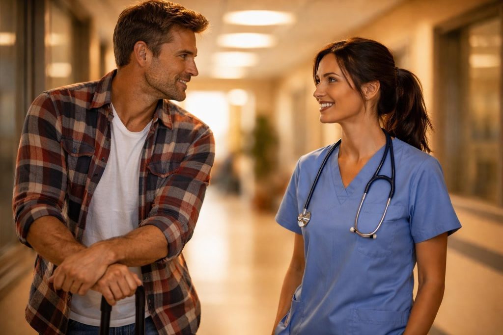 Emergency doctor and farmer talking beside a rebuilt barn