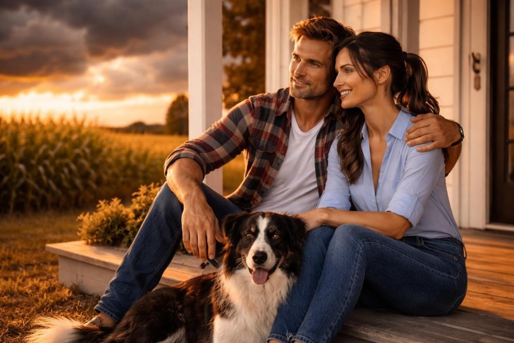 Couple standing together on the porch of a new farmhouse at sunset with corn fields behind them