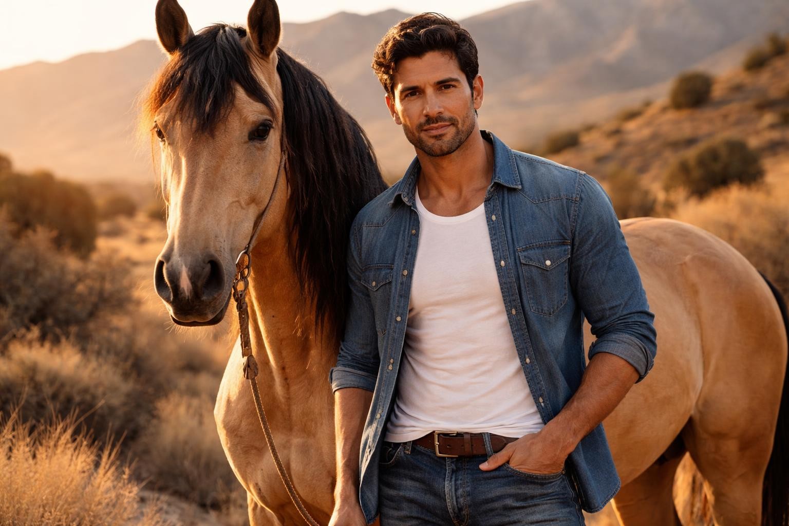 Handsome Latino horse trainer with dark hair and stubble standing beside a wild buckskin mustang in the Nevada desert at golden hour