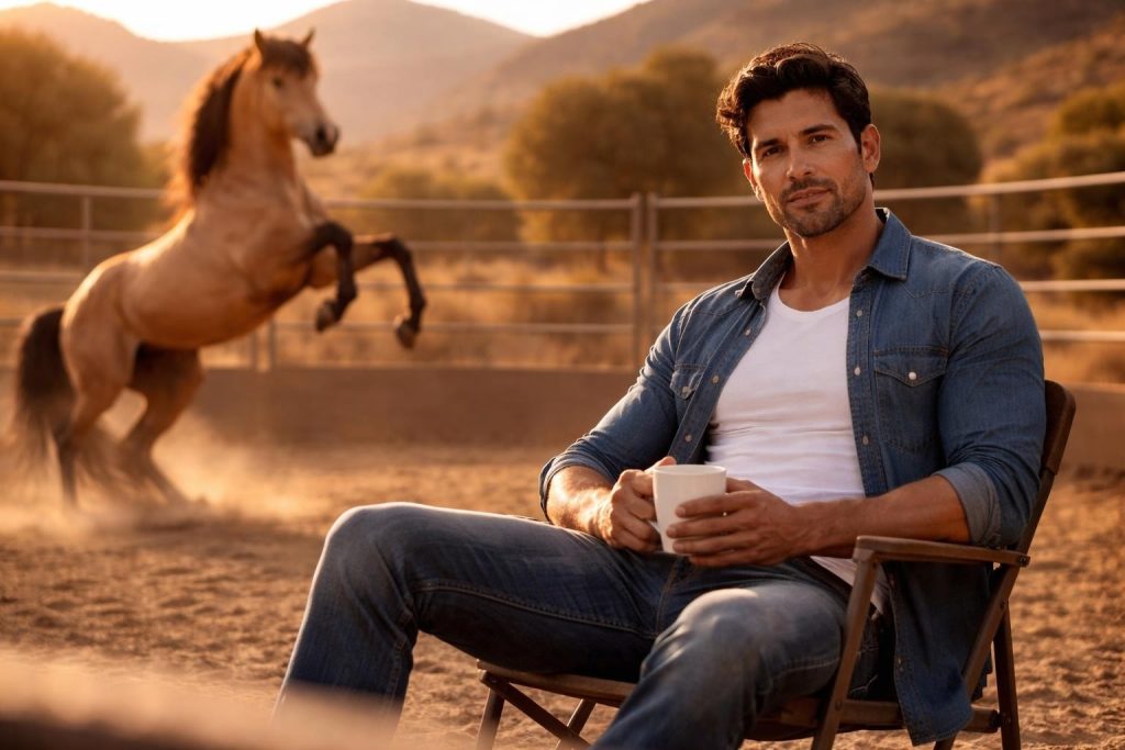 Horse trainer standing calmly in a round pen as a wild mustang rears up