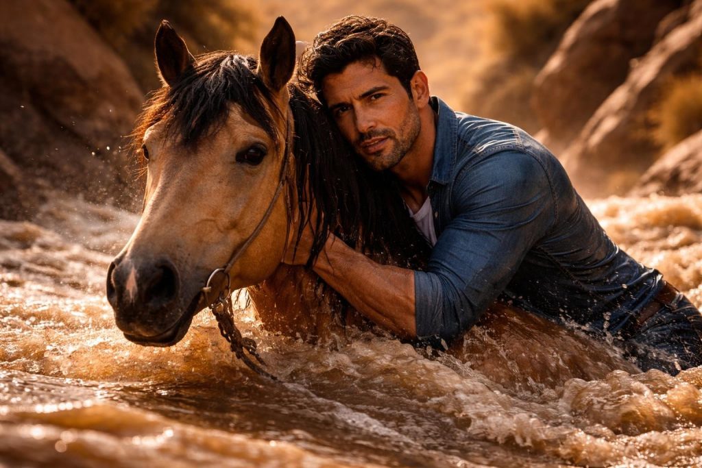 Horse trainer clinging to a mustang as it swims through a flash flood in a desert canyon