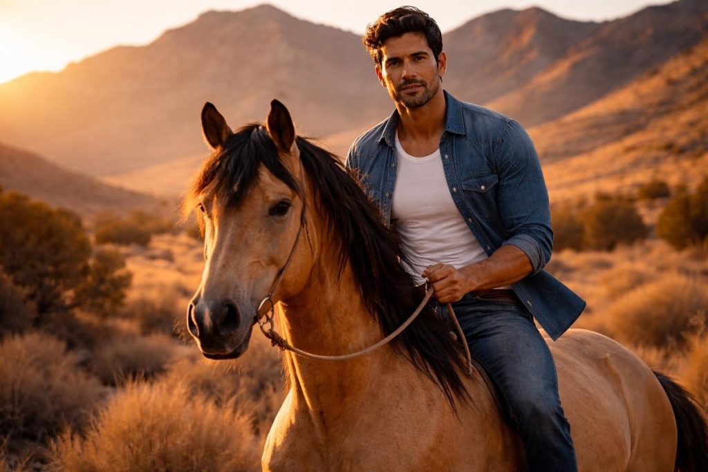 Horse trainer riding the mustang bareback across the Nevada desert at sunset