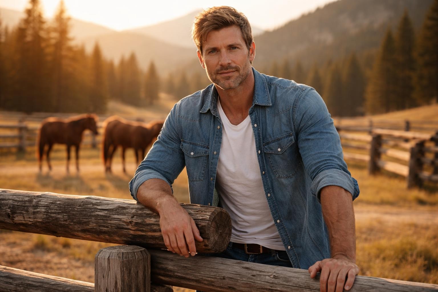 Handsome rancher with sandy brown hair and stubble leaning on a fence on a Montana ranch at golden hour