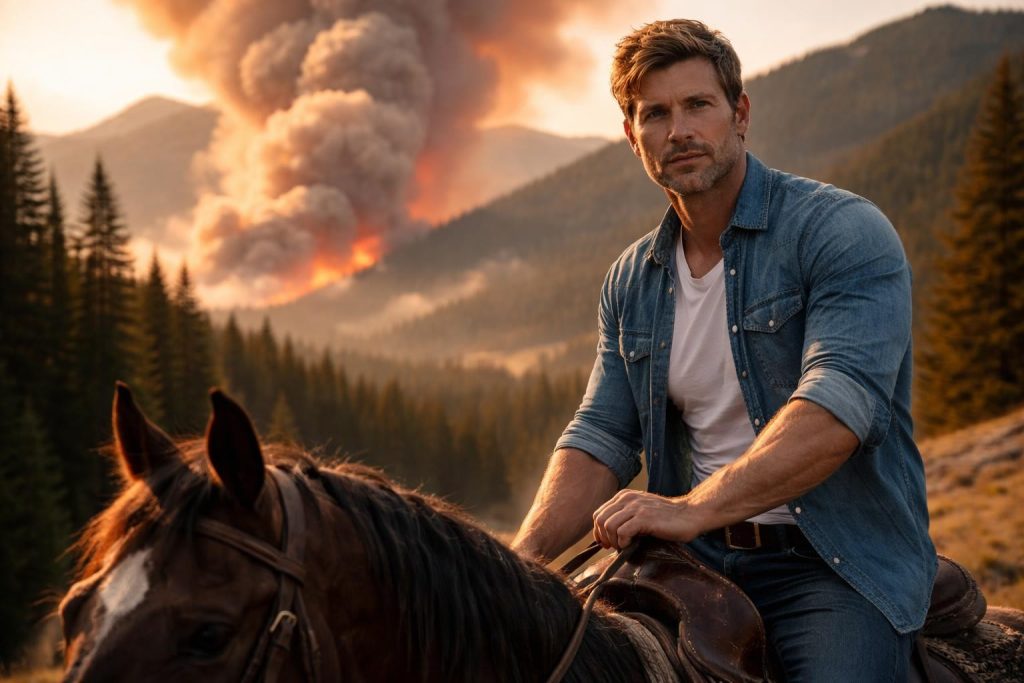Former smokejumper on horseback watching a huge smoke plume rise over the mountains