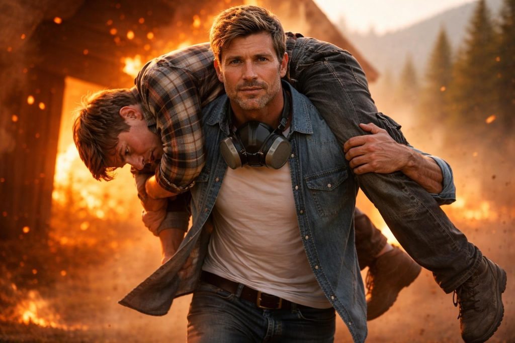 Rancher carrying a boy out of a barn through thick wildfire smoke with flames behind